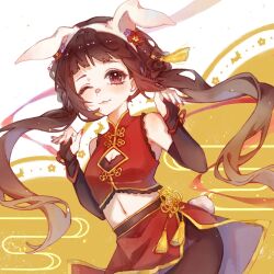 Rule 34 | 1girl, animal ears, breasts, brown eyes, brown hair, chinese zodiac, fake animal ears, flower, hair flower, hair ornament, hands up, highres, korikr32, long hair, looking at viewer, midriff, one eye closed, pantyhose, rabbit tail, red nails, small breasts, solo, standing, tail, twintails, year of the rabbit
