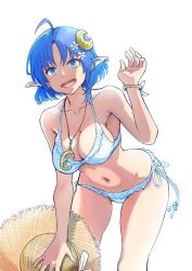 1girl absurdres ahoge bare_shoulders bikini blue_eyes blue_hair bracelet breasts cleavage collarbone crescent crescent_hair_ornament crescent_necklace flower hair_flower hair_ornament hat highres holding jewelry looking_at_viewer medium_breasts navel necklace nemimin open_mouth plumeria pointy_ears rena_lanford short_hair side-tie_bikini_bottom simple_background smile solo star_ocean star_ocean_anamnesis star_ocean_the_second_story straw_hat sun_hat swimsuit white_background white_bikini white_flower yellow_hat