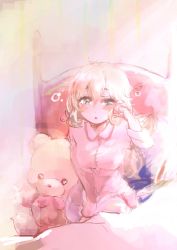 Rule 34 | 1girl, alternate costume, azur lane, blonde hair, blue eyes, blush, breasts, check commentary, commentary request, highres, leander (azur lane), long hair, long sleeves, looking at viewer, medium breasts, messy hair, open mouth, sleepwear, stuffed animal, stuffed toy, teddy bear, xlix z