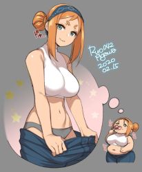 Rule 34 | 1girl, 2020, agawa ryou, artist name, bare shoulders, belly, blue eyes, breasts, chibi, chibi inset, commentary, dated, denim, fat, grey background, grey panties, hair bun, jeans, large breasts, looking at viewer, midriff, navel, original, panties, pants, plump, signature, simple background, single hair bun, smile, smirk, solo, tank top, thick eyebrows, underwear, weight loss