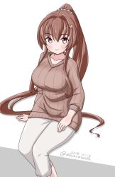 Rule 34 | 1girl, breasts, brown eyes, brown hair, brown sweater, capri pants, cherry blossoms, commentary request, dated, feet out of frame, flower, hair flower, hair ornament, kantai collection, large breasts, long hair, looking at viewer, masara (chuujou), one-hour drawing challenge, pants, ponytail, ribbed sweater, sitting, smile, solo, sweater, twitter username, very long hair, white pants, yamato (kancolle)