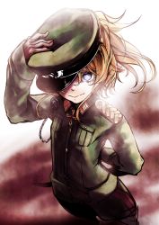 Rule 34 | 10s, 1girl, absurdres, adjusting clothes, adjusting headwear, arm behind back, blonde hair, blue eyes, closed mouth, commentary request, cross, epaulettes, hand on headwear, hat, highres, iron cross, long sleeves, looking at viewer, military, military hat, military uniform, one eye covered, shirosaki rio, short hair, solo, standing, tanya degurechaff, uniform, youjo senki