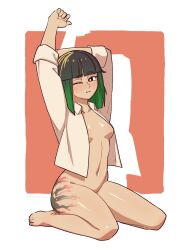Rule 34 | 1girl, arms up, ass tattoo, black hair, blunt bangs, breasts, commentary, commission, gradient hair, green hair, highres, multicolored hair, naked shirt, open clothes, open shirt, original, shirt, sitting, small breasts, solo, stretching, symbol-only commentary, vibrantrida, wariza