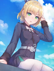 1girl black_dress blonde_hair blue_sky bow bowtie breasts cloud cloudy_sky coba_(coba_xp) dress green_eyes heaven_burns_red highres nanase_nanami_(heaven_burns_red) pantyhose ribbon short_hair sitting sky solo white_bow white_pantyhose