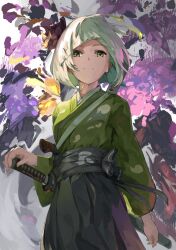 1girl alternate_costume black_hairband closed_mouth commentary_request ghost_print green_eyes green_kimono grey_ahir hairband highres japanese_clothes kimono konpaku_youmu looking_at_viewer sash sashimi_oniku short_hair solo sword touhou weapon