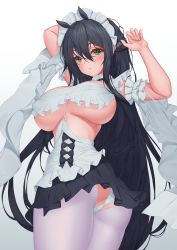 Rule 34 | 1girl, absurdres, arms up, ass, ass cutout, azur lane, black hair, breasts, choker, clothing cutout, crotchless, crotchless pantyhose, frilled choker, frills, green eyes, hair between eyes, highres, indomitable (azur lane), indomitable (ms. motivationless maid) (azur lane), large breasts, long hair, maid, official alternate costume, panties, pantyhose, pinkcap, simple background, solo, underwear, very long hair, white background, white panties, white pantyhose