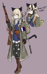Rule 34 | 1girl, alternate costume, animal ears, blonde hair, bolt action, boots, cat ears, cat tail, cross-laced footwear, french flag, gas mask, glasses, gun, highres, lace-up boots, long hair, looking at viewer, mas-36, mask, multiple views, pantyhose, perrine h. clostermann, purple background, rapier, rifle, sergius c. yoh, strike witches, sword, tail, torn clothes, torn legwear, weapon, world witches series, yellow eyes