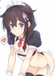 Rule 34 | 1girl, ahoge, ass, bikini, bikini bottom only, black thighhighs, blue eyes, braid, breasts, brown hair, cleavage, closed mouth, crop top, dan (kumadan), hair flaps, hair ribbon, heart, highres, kantai collection, leaning forward, long hair, looking at viewer, maid headdress, navel, necktie, no pants, puffy short sleeves, puffy sleeves, red necktie, revision, ribbon, shigure (kancolle), shigure kai ni (kancolle), short necktie, short sleeves, side-tie bikini bottom, sidelocks, single braid, small breasts, smile, solo, spoken heart, stomach, swimsuit, thighhighs, thighs, twitter username, white background, white ribbon, wing collar, wrist cuffs