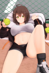 Rule 34 | 1girl, ahoge, azur lane, bag, ball, baltimore (azur lane), baltimore (black ace) (azur lane), black jacket, black shorts, black socks, blush, braid, breasts, brown hair, chain-link fence, commentary request, fence, french braid, hair between eyes, highres, holding, holding ball, jacket, knee up, large breasts, long sleeves, looking at viewer, lying, midriff, navel, on back, open clothes, open jacket, pinesea, ribbed legwear, shadow, shoes, short hair, short shorts, shorts, sidelocks, smile, sneakers, socks, solo, sports bra, taut clothes, tennis ball, tennis court, white sports bra, yellow eyes