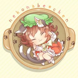 Rule 34 | 1girl, :3, ^ ^, animal ears, brown hair, cat ears, cat tail, chen, closed eyes, closed mouth, commentary request, dress, earrings, green hat, hat, ibaraki natou, jewelry, long sleeves, mob cap, multiple tails, nekomata, red dress, round image, short hair, single earring, solo, tail, touhou, two tails
