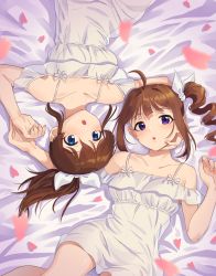 Rule 34 | 2girls, :o, ahoge, bed sheet, blue eyes, blurry, blurry foreground, brown hair, commentary, depth of field, dress, drill hair, from above, hair ribbon, hand on another&#039;s face, highres, idolmaster, idolmaster million live!, kamille (vcx68), light blush, looking at viewer, lying, medium hair, multiple girls, off-shoulder dress, off shoulder, on back, on bed, open mouth, parted lips, petals, ponytail, purple eyes, ribbon, satake minako, short dress, short hair, side drill, side ponytail, sidelocks, white dress, white ribbon, yokoyama nao, yuri