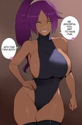 Rule 34 | 1girl, black leotard, black thighhighs, bleach, breasts, brown background, commentary, contrapposto, covered navel, cowboy shot, curvy, dark-skinned female, dark skin, english commentary, english text, gradient background, grin, hand on own hip, highleg, highleg leotard, kisou (kisou00), large breasts, leotard, long hair, looking at viewer, naughty face, paid reward available, parted bangs, ponytail, purple hair, shihouin yoruichi, sideboob, simple background, skindentation, smile, solo, speech bubble, standing, teeth, thigh gap, thighhighs, thighs, wide hips, yellow eyes