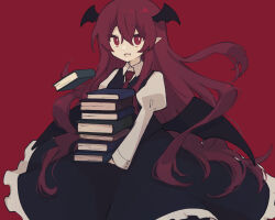 Rule 34 | 1girl, :d, bat wings, black skirt, black vest, black wings, book, book stack, bright pupils, collared shirt, cowboy shot, dot nose, dress shirt, dropping, fang, hair between eyes, head wings, highres, holding, holding book, inase (inasenanaki), juliet sleeves, koakuma, long hair, long sleeves, low wings, necktie, open mouth, pointy ears, puffy sleeves, red background, red eyes, red hair, red necktie, shirt, sidelocks, simple background, skin fang, skirt, skirt set, smile, solo, touhou, v arms, very long hair, vest, white pupils, white shirt, wings