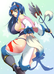 Rule 34 | 1girl, absurdres, aimo (aimo1214), ass, axe, black hair, blue hair, bow, breasts, detached sleeves, facial tattoo, fingerless gloves, gloves, hair bow, headband, highres, large breasts, long hair, momo kyun sword, momoko (momokyun), open mouth, ponytail, sideboob, solo, tattoo, weapon