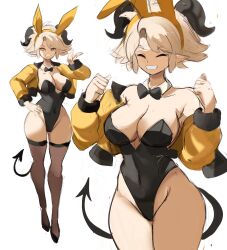 Rule 34 | 1girl, animal ears, bare shoulders, breasts, cleavage, closed eyes, collarbone, covered navel, cropped jacket, demon tail, detached collar, goat horns, hand on own hip, hands up, highres, horns, jacket, large breasts, legs, leotard, long legs, multiple tails, open clothes, open jacket, original, playboy bunny, rabbit ears, rakeemspoon, see-through, see-through legwear, short hair, smile, solo, strapless, strapless leotard, susan (rakeemspoon), tail, thighhighs, wide hips, yellow jacket