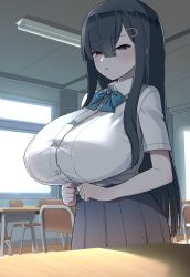 Rule 34 | 1girl, absurdres, akitokage, black hair, blue bow, blue bowtie, blue skirt, blunt ends, blush, bow, bowtie, breasts, bursting breasts, chair, classroom, collared shirt, cowboy shot, desk, hair ornament, hairclip, highres, huge breasts, indoors, long hair, looking at viewer, nozomi (akitokage01), open mouth, oppai loli, original, own hands together, pink lips, pleated skirt, purple eyes, school desk, school uniform, shirt, shirt tucked in, short sleeves, sidelocks, skirt, solo, standing, straight hair, very long hair, white shirt, window