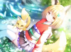 Rule 34 | 1girl, animal, animal ear fluff, animal ears, bad id, bad pixiv id, black skirt, blonde hair, blush, brown eyes, closed mouth, day, feet out of frame, fox, fox ears, fox girl, fox tail, hair ornament, japanese clothes, kimono, long sleeves, looking at viewer, murano, obi, original, outdoors, pleated skirt, red kimono, river, sash, sitting, skirt, smile, solo, tail, thighhighs, water, white thighhighs
