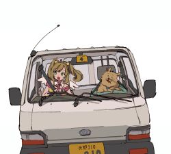 1girl ahoge brown_hair car commentary_request detached_collar dog driving fake_wings green_eyes hair_bobbles hair_ornament highres idolmaster idolmaster_cinderella_girls license_plate looking_to_the_side medium_hair mini_wings motor_vehicle necktie off-shoulder_shirt off_shoulder open_mouth pink_necktie sato_shin shirt sidelocks simple_background smile solo twintails white_background wings yawarakai_inu yellow_shirt