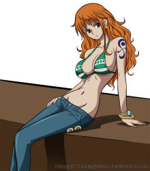 Rule 34 | 1girl, bikini, bracelet, breasts, denim, earrings, female focus, jeans, jewelry, long hair, looking at viewer, matching hair/eyes, nami (one piece), navel, one piece, orange eyes, orange hair, pants, sabaody archipelago, sitting, solo, swimsuit, tattoo, white background