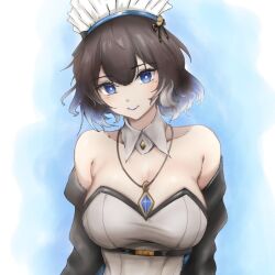 Rule 34 | 1girl, arknights, bare shoulders, black hair, blue eyes, blue lips, breasts, bright pupils, commentary, detached sleeves, dress, highres, jewelry, kjera (arknights), kjera (ingenious servant) (arknights), large breasts, looking at viewer, maid, maid headdress, mameppu, official alternate costume, pendant, short hair, smile, solo, strapless, strapless dress, upper body, white dress, white pupils