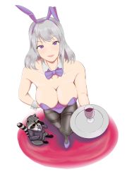 Rule 34 | absurdres, alexk, amber glow, chelsea whitmore, cup, drinking glass, formal, glasses, highres, leotard, pantyhose, playboy bunny, purple eyes, raccoon, silver hair, suit, virtual youtuber, wine glass
