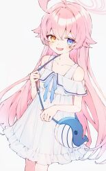 Rule 34 | 1girl, ahoge, bag, blue archive, blue eyes, blush, collarbone, dress, fang, feet out of frame, hair between eyes, halo, heterochromia, highres, hk nnm, hoshino (blue archive), long hair, looking at viewer, official alternate costume, open mouth, pink hair, pink halo, sideways glance, simple background, smile, solo, white background, white dress, yellow eyes