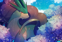 Rule 34 | antlers, blue sky, closed mouth, cloud, creatures (company), day, flower, game freak, gen 2 pokemon, happy, highres, horns, legendary pokemon, long hair, looking at viewer, nintendo, no humans, outdoors, pokemon, pokemon (creature), purple hair, red eyes, sky, smile, solo, suicune, very long hair, white flower, yukifuri tsuyu