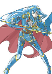 Rule 34 | 1girl, armor, blue armor, blue eyes, blue hair, cape, closed mouth, fire emblem, fire emblem awakening, fire emblem heroes, floating hair, gloves, grey gloves, highres, holding, holding polearm, holding spear, holding weapon, legs apart, long hair, lucina (fire emblem), nintendo, polearm, pretty-purin720, simple background, solo, spear, standing, tiara, very long hair, weapon, white background