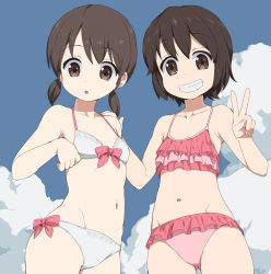 Rule 34 | 10s, 2girls, alternate costume, bare shoulders, bikini, blue bikini, brown eyes, brown hair, child, cloud, cloudy sky, cowboy shot, day, female focus, frilled bikini, frills, from below, grin, groin, halterneck, halterneck, hand on another&#039;s shoulder, kantai collection, kusaka souji, looking at viewer, low twintails, midriff, miyuki (kancolle), multiple girls, navel, open mouth, pink bikini, shirayuki (kancolle), short hair, short twintails, sky, smile, stomach, swimsuit, twintails, v