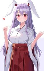 Rule 34 | 1girl, absurdres, alternate costume, animal ears, aohane, closed mouth, commentary request, hakama, hakama skirt, highres, japanese clothes, long hair, long sleeves, looking at viewer, miko, purple hair, rabbit ears, red eyes, reisen udongein inaba, revision, shirt, simple background, sketch, skirt, solo, touhou, white background, white shirt, wide sleeves