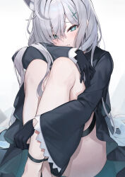 Rule 34 | 1girl, absurdres, animal ears, ass, black dress, black gloves, blue archive, blue eyes, blush, closed mouth, cross hair ornament, dress, extra ears, gloves, grey hair, hair ornament, highres, kuroshiro kanae, long hair, long sleeves, looking at viewer, shiroko (blue archive), shiroko terror (blue archive), simple background, solo, white background, wolf ears