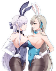 Rule 34 | 2girls, absurdres, animal ears, asuna (blue archive), asuna (bunny) (blue archive), azur lane, bare shoulders, belfast (azur lane), blue archive, blue eyes, blue leotard, bow, bowtie, braid, breast press, breasts, brown legwear, cleavage, cowboy shot, crossover, detached collar, elbow gloves, fake animal ears, fake tail, french braid, from side, gloves, highleg, highleg leotard, highres, large breasts, leotard, light brown hair, light purple hair, long hair, looking at another, multiple girls, os (kazos), pantyhose, playboy bunny, purple bow, purple eyes, purple leotard, rabbit ears, rabbit tail, simple background, smile, strapless, strapless leotard, symmetrical docking, tail, teeth, thighband pantyhose, traditional bowtie, very long hair, white background, white gloves, wrist cuffs