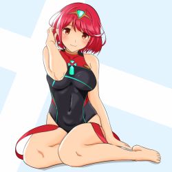 Rule 34 | 1girl, absurdres, adjusting hair, artist request, blue background, blush, breasts, brown eyes, competition swimsuit, covered navel, full body, highres, looking at viewer, medium breasts, nintendo, one-piece swimsuit, pyra (pro swimmer) (xenoblade), pyra (xenoblade), red hair, simple background, sitting, smile, solo, swimsuit, white background, xenoblade chronicles (series), xenoblade chronicles 2