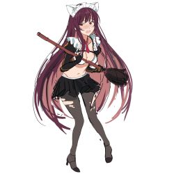Rule 34 | 1girl, alternate costume, animal ears, bad id, bad twitter id, black footwear, black pantyhose, blush, bra, breasts, broom, cat ears, collarbone, cropped jacket, embarrassed, frills, full body, girls&#039; frontline, gloves, high heels, highres, holding, holding broom, large breasts, leaning forward, long hair, looking at viewer, maid, maid headdress, naisho na zuku doori, navel, necktie, open mouth, pantyhose, pleated skirt, pumps, purple hair, red eyes, red necktie, sidelocks, simple background, skirt, solo, stomach, torn clothes, torn pantyhose, underwear, very long hair, wa2000 (girls&#039; frontline), white background, white bra