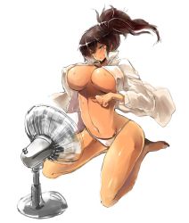 Rule 34 | 10s, 1girl, blue eyes, breasts, brown hair, electric fan, gond, highres, kaga (kancolle), kantai collection, large breasts, open clothes, open shirt, panties, shirt, side ponytail, sitting, solo, sweat, underwear, wariza, white background, white panties