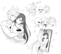 Rule 34 | 1girl, 3boys, ?, absurdres, anger vein, bald, blush, breasts, closed eyes, cloud strife, commentary, couple, doll, duoj ji, earrings, english commentary, english text, final fantasy, final fantasy vii, final fantasy vii remake, heart, highres, holding, holding doll, holding phone, hug, hug from behind, jealous, jewelry, johnny (ff7), large breasts, long hair, midriff, monochrome, multiple boys, navel, one eye closed, phone, photo (object), rude (ff7), shirt, short hair, single earring, smile, sparkle, spiked hair, spoken heart, spot color, sunglasses, swept bangs, tied shirt, tifa lockhart, twitter username, white background