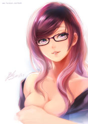 Rule 34 | 1991 (blz), 1girl, breasts, cleavage, collarbone, covering privates, covering breasts, glasses, highres, lips, looking at viewer, off shoulder, original, parted lips, pink eyes, purple-framed eyewear, purple hair, sidelocks, signature, simple background, solo, teeth, upper body, watermark, web address, white background