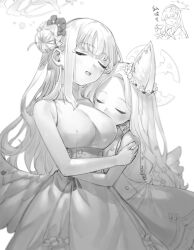 Rule 34 | 3girls, animal ear fluff, animal ears, bare shoulders, blue archive, blush, breasts, closed eyes, commentary request, cup, dress, ear ornament, face to breasts, flower, greyscale, hair bun, hair flower, hair ornament, halo, highres, holding, holding cup, hug, large breasts, long hair, low wings, mika (blue archive), monochrome, multiple girls, nagisa (blue archive), parted lips, seia (blue archive), simple background, single side bun, sleeveless, sleeveless dress, tori udon, translation request, very long hair, wing ornament, wings