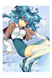 Rule 34 | 1girl, aqua eyes, aqua hair, blouse, blue hair, breasts, buttons, capelet, caplet, covered erect nipples, english text, expressionless, from side, full body, hair ornament, half-closed eye, head tilt, highres, ice, lace, legs folded, long hair, long sleeves, looking to the side, one eye closed, original, photo background, platform footwear, rakkou, shirt, sidelocks, sleeves past wrists, solo, thighhighs, twintails, wavy hair, white thighhighs, zettai ryouiki