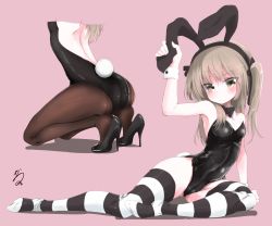 Rule 34 | 10s, 1girl, animal ear hairband, animal ears, arm support, arm up, ass, backless outfit, bare shoulders, black bow, black footwear, black leotard, black neckwear, black ribbon, blush, bow, bowtie, breasts, brown eyes, brown hair, brown thighhighs, detached collar, fake animal ears, fake tail, feet, girls und panzer, gluteal fold, head out of frame, high heels, highres, kneeling, leaning to the side, leotard, long hair, looking at viewer, monochrome background, multiple views, no shoes, not on shana, pantyhose, pink background, playboy bunny, rabbit ear hairband, rabbit ears, rabbit tail, ribbon, shimada arisu, shoes, side-tie leotard, signature, simple background, sitting, small breasts, soles, stiletto heels, striped clothes, striped thighhighs, tail, thighhighs, twintails
