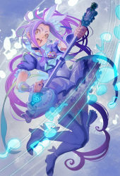Rule 34 | 10s, 1girl, beamed quavers, blue footwear, blue skirt, boots, brooch, cure beat, earrings, electric guitar, eyes visible through hair, frilled skirt, frills, guitar, heart, highres, holding, holding instrument, instrument, jewelry, kurokawa eren, long hair, looking at viewer, magical girl, md5 mismatch, moruga, musical note, open mouth, precure, purple hair, quaver, resolution mismatch, seiren (suite precure), side ponytail, skirt, solo, source larger, suite precure, thigh boots, thighhighs, yellow eyes