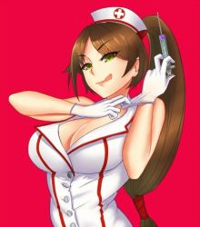 Rule 34 | 1girl, akali, artist request, breasts, brown hair, glove pull, gloves, green eyes, large breasts, latex, latex gloves, league of legends, nurse, ponytail, source request, syringe, tagme