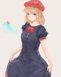Rule 34 | 1girl, bad id, bad pixiv id, black dress, blonde hair, blue eyes, closed mouth, color guide, commentary request, curtsey, dress, hat, kisei2, light brown background, looking at viewer, original, puffy short sleeves, puffy sleeves, red hat, short hair, short sleeves, simple background, solo, standing