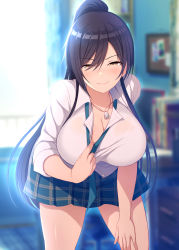 Rule 34 | 1girl, absurdres, black hair, blush, breasts, cleavage, collared shirt, dog tags, dress shirt, green necktie, hair between eyes, high ponytail, highres, idolmaster, idolmaster shiny colors, large breasts, leaning forward, long hair, looking at viewer, loose necktie, necktie, noukatu, plaid, plaid skirt, pleated skirt, ponytail, shirase sakuya, shirt, skirt, smile, solo, thighs, white shirt, yellow eyes