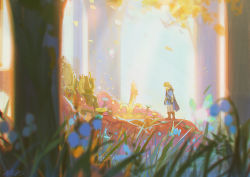 Rule 34 | 1boy, alzi xiaomi, blonde hair, bug, butterfly, day, fairy, flower, forest, grass, highres, insect, link, looking away, medium hair, nature, nintendo, scenery, signature, sky, solo, standing, sunlight, the legend of zelda, the legend of zelda: breath of the wild, tree