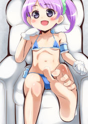 Rule 34 | 1girl, armband, armchair, barefoot, bikini, blue one-piece swimsuit, blush, chair, feet, foot focus, gloves, head rest, leg up, light purple hair, looking at viewer, manaka non, micro bikini, nami makoto, navel, one-piece swimsuit, open mouth, pov, pretty series, pripara, side ponytail, sitting, soles, swimsuit, toes, white gloves