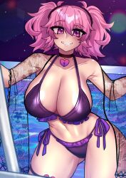 Rule 34 | 1girl, bikini, breasts, crawling dreams, curvy, double bun, fangs, fishnet fabric, hair bun, hand on railing, heart-shaped lock, highres, huge breasts, large breasts, night, night sky, osiimi, penny (crawling dreams), pink eyes, pink hair, pool, poolside, purple bikini, railing, side-tie bikini bottom, sky, swimsuit, thick thighs, thighs, twintails