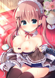 Rule 34 | 1girl, :o, blue eyes, blue one-piece swimsuit, blush, bow, breasts, brown bow, brown dress, brown hair, brown thighhighs, clothes lift, clothes pull, collar, collarbone, commentary request, detached collar, dress, dress lift, dress pull, flower, frilled dress, frills, hair between eyes, hair bow, hanamiya natsuka, highres, indoors, large breasts, lifting own clothes, long hair, looking at viewer, maid headdress, nipples, old school swimsuit, one-piece swimsuit, one-piece swimsuit pull, original, parted lips, pasties, pink flower, red bow, school swimsuit, sitting, solo, swimsuit, thighhighs, twintails, vase, white collar, white flower