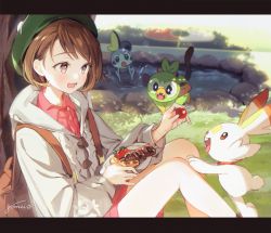 Rule 34 | 1girl, :d, artist name, backpack, bag, bob cut, bowl, brown eyes, brown hair, cardigan, collared dress, creatures (company), day, dress, feeding, feet out of frame, flat chest, food, from side, game freak, gen 8 pokemon, gloria (pokemon), gomzi, grass, green headwear, grey cardigan, grookey, happy, hat, holding, hood, hood down, hooded cardigan, knees up, letterboxed, long sleeves, nintendo, on ground, open mouth, outdoors, outstretched arm, pink dress, poke ball symbol, pokemon, pokemon (creature), pokemon swsh, pond, reaching, running, scorbunny, short hair, sitting, skewer, smile, sobble, sparkle, splashing, starter pokemon trio, swept bangs, tam o&#039; shanter, tiptoes, tomato, tongue, tongue out, tree, tree shade, under tree, wading, water
