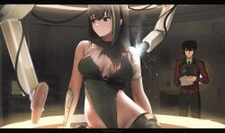 Rule 34 | 1boy, 1girl, android, black hair, black pants, breasts, brown eyes, brown hair, commander (girls&#039; frontline), commentary, dgkamikaze, english commentary, girls&#039; frontline, green leotard, grey hair, griffin &amp; kryuger military uniform, highleg, highleg leotard, highres, indoors, jacket, large breasts, leotard, long hair, long sleeves, looking to the side, m4a1 (girls&#039; frontline), machinery, multicolored hair, pants, red jacket, repairing, ribbed leotard, sitting, sparks, standing, streaked hair, torn clothes, torn leotard, two-tone hair